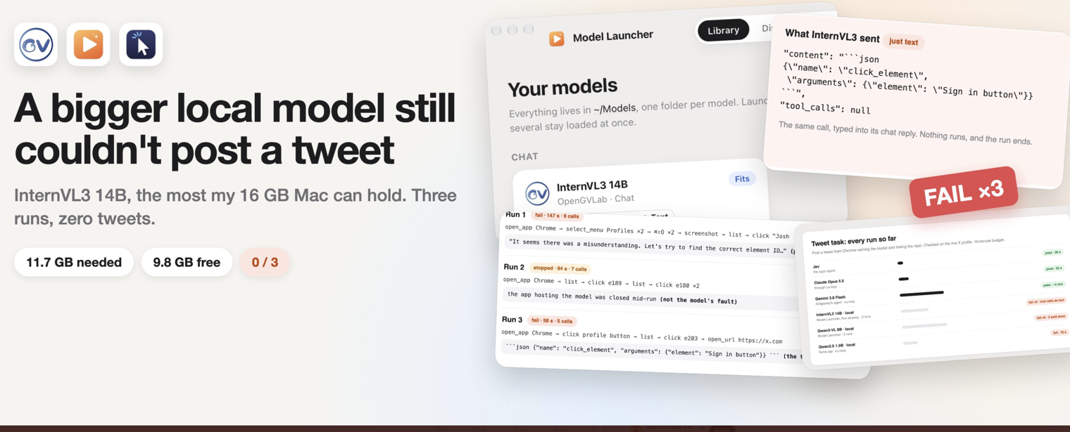 A bigger local model still couldn't post a tweet - InternVL3 14B benchmark